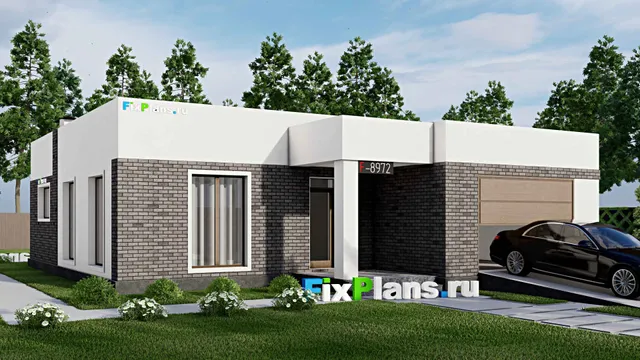 Проект одноэтажного дома 13 на 17, площадью 150 м² с террасой, гаражом на 1 машину и 2 спальнями