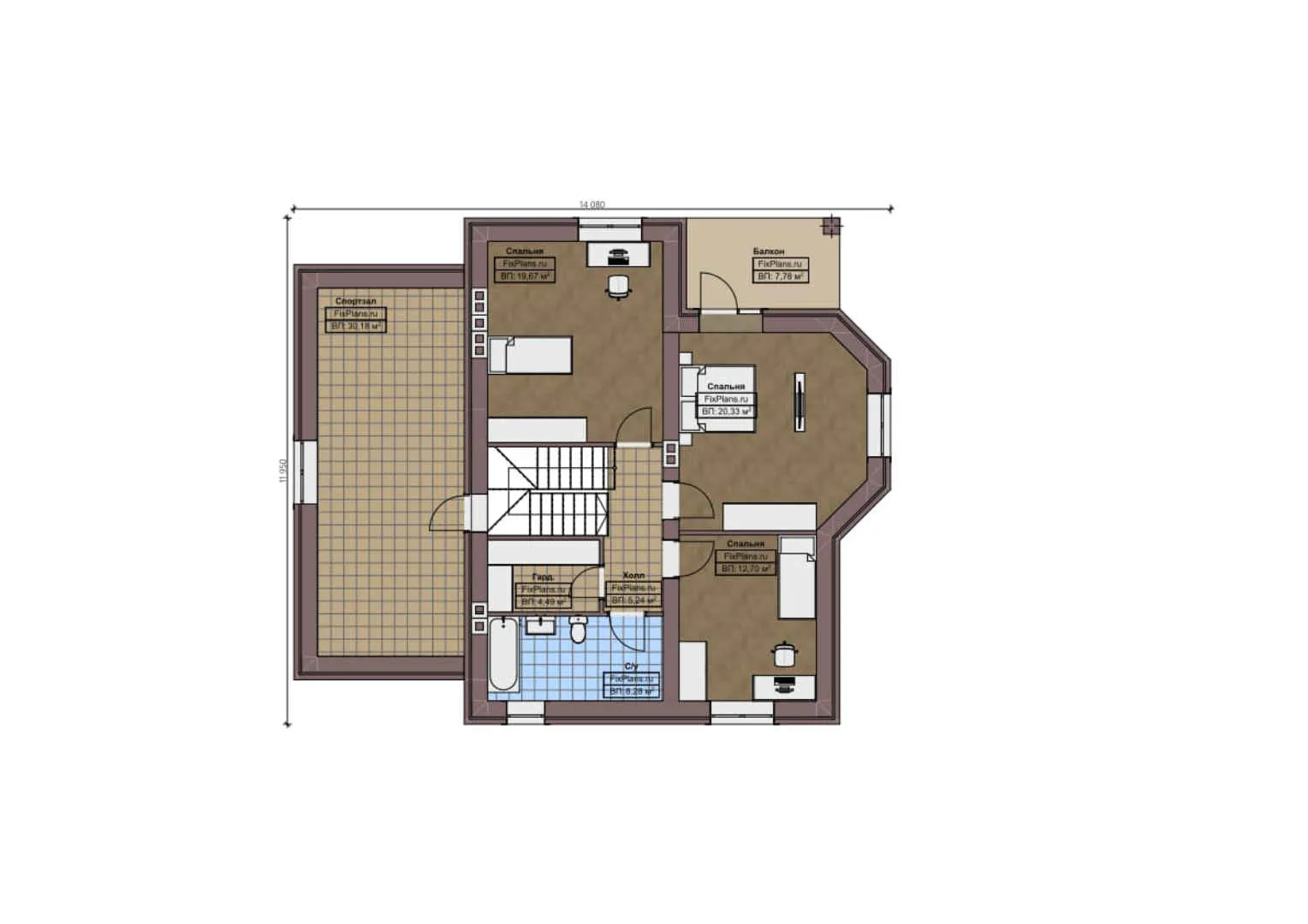 F-1385 - Планы дома с мансардой 12 на 15, площадью 330 м² с террасой, балконом, цокольным этажом, гаражом на 1 машину, спортзалом и 4 спальнями