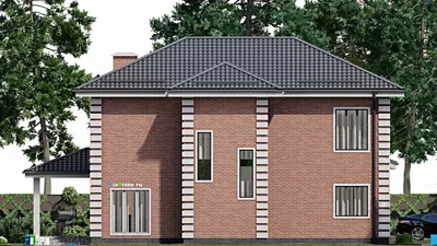 Проект двухэтажного дома 15 на 16, площадью 270 м² с террасой, балконом, гаражом на 2 машины и 4 спальнями — фасад 4