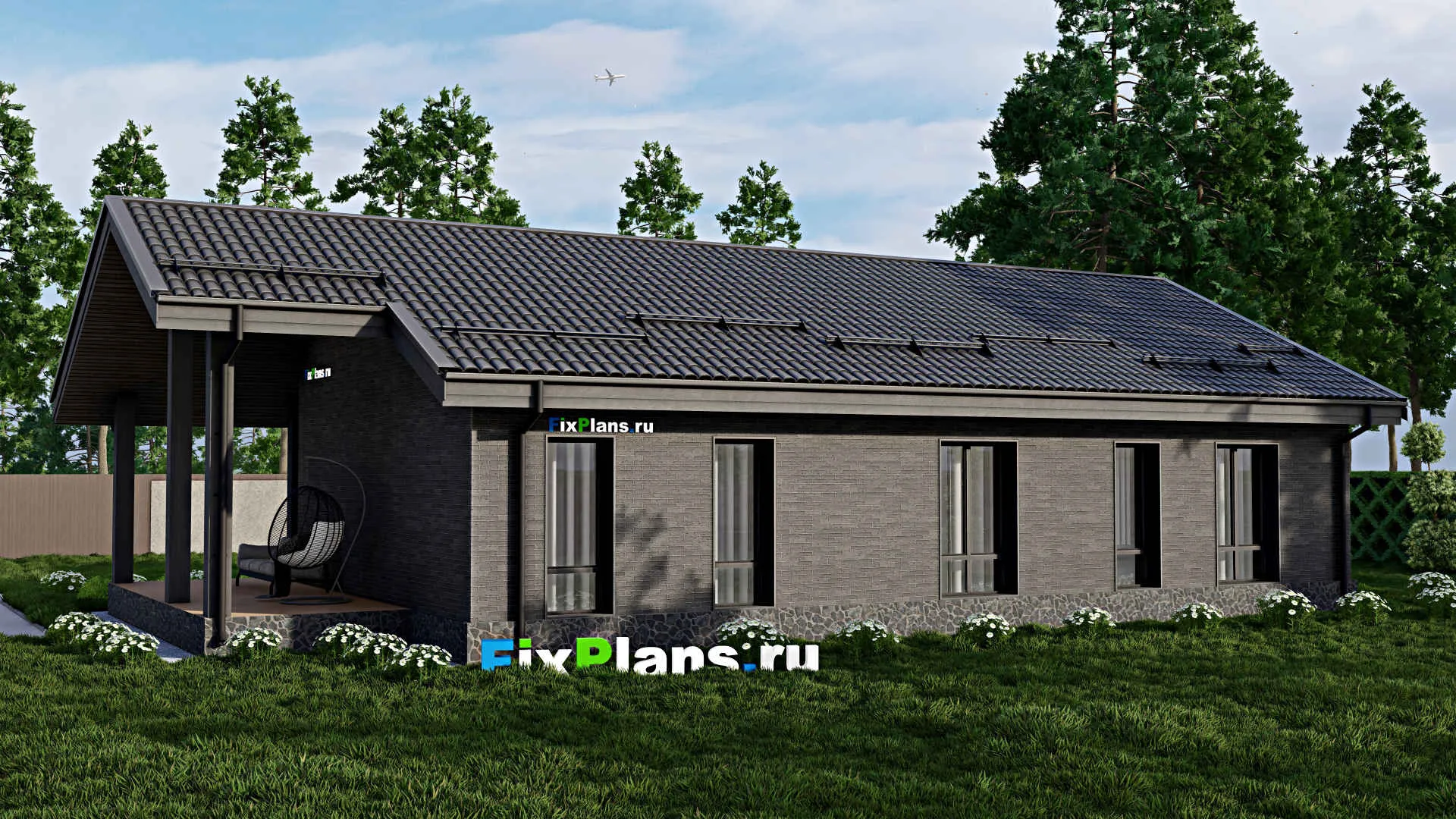 F-2069 - Проект одноэтажного дома 11 на 17, площадью 150 м² с террасой и 3 спальнями