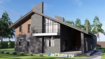 Проект дома с мансардой 16 на 18, площадью 360 м² с террасой, балконом, гаражом на 2 машины и 3 спальнями — фасад 2
