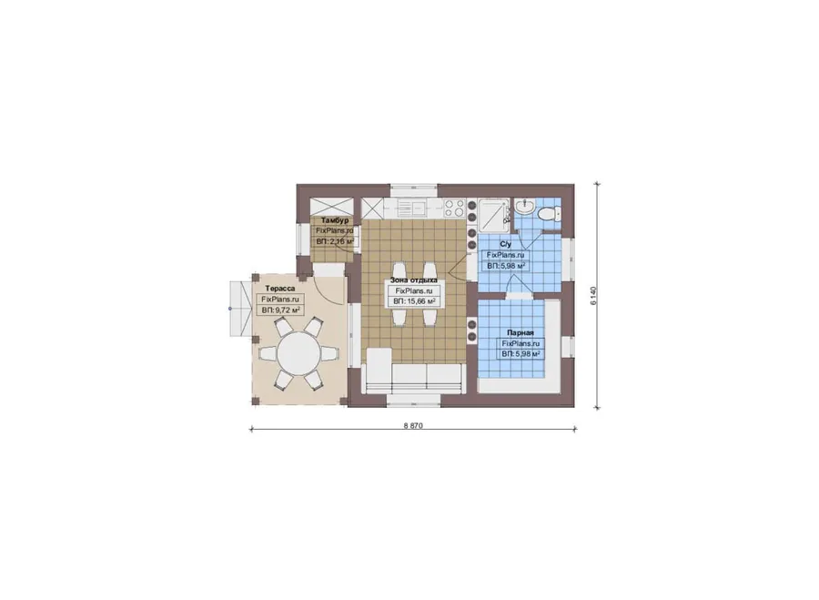 Проект бани 7 на 9, площадью 40 м² с терассой и санузлом — 1-й этаж