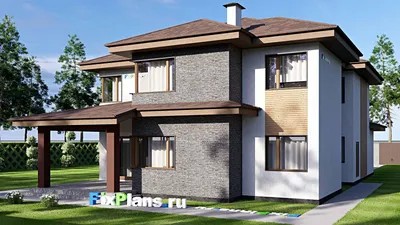 Проект двухэтажного дома 13 на 21, площадью 280 м² с террасой, балконом, баней, гаражом на 2 машины и 3 спальнями — фасад 2