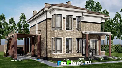 Проект двухэтажного дома 16 на 18, площадью 270 м² с террасой, балконом и 4 спальнями — фасад 2