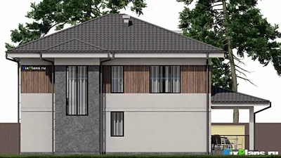 Проект двухэтажного дома 13 на 13, площадью 290 м² с террасой и 3 спальнями — фасад 6