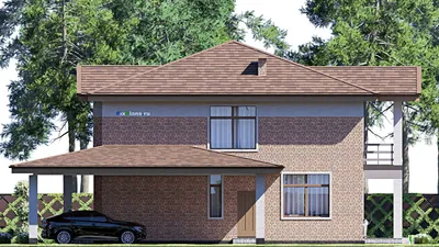Проект двухэтажного дома 18 на 18, площадью 290 м² с террасой, балконом и 5 спальнями — фасад 5