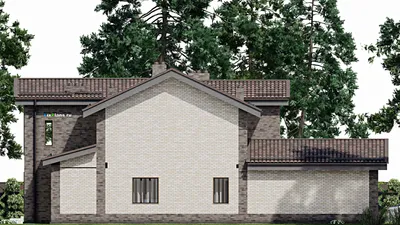 Проект дома с мансардой 20 на 20, площадью 390 м² с террасой, гаражом на 2 машины и 3 спальнями — фасад 4