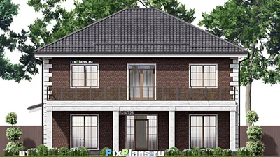 Проект двухэтажного дома 14 на 14, площадью 270 м² с террасой, балконом и 5 спальнями — фасад 3