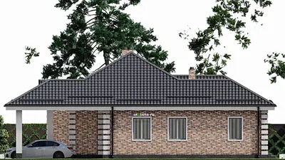 Проект одноэтажного дома 15 на 15, площадью 150 м² с террасой, гаражом на 1 машину и 3 спальнями — фасад 5