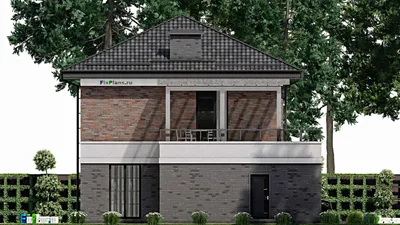 Проект двухэтажного дома 12 на 16, площадью 250 м² с террасой, балконом, гаражом на 1 машину и 4 спальнями — фасад 6