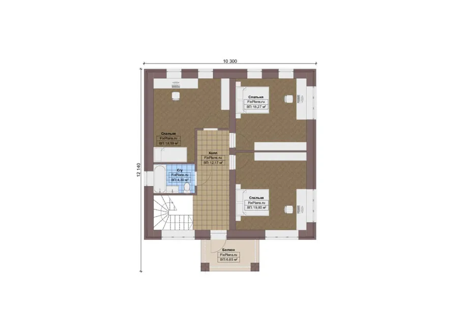 Проект двухэтажного дома 15 на 17, площадью 230 м² с террасой, балконом, гаражом на 1 машину и 3 спальнями — 2-й этаж