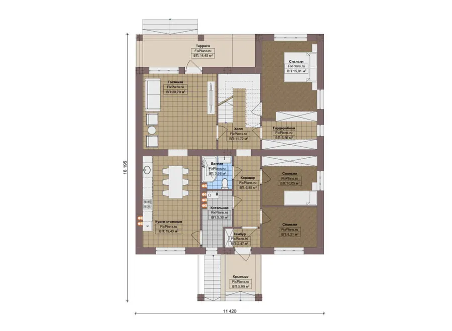 Проект дома с мансардой 12 на 17, площадью 290 м² с террасой, балконом, цокольным этажом и 6 спальнями — 2-й этаж