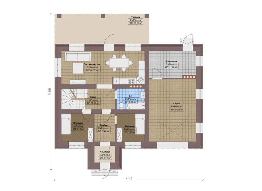 Проект двухэтажного дома 15 на 15, площадью 200 м² с террасой, балконом, гаражом на 1 машину и 6 спальнями — 1-й этаж
