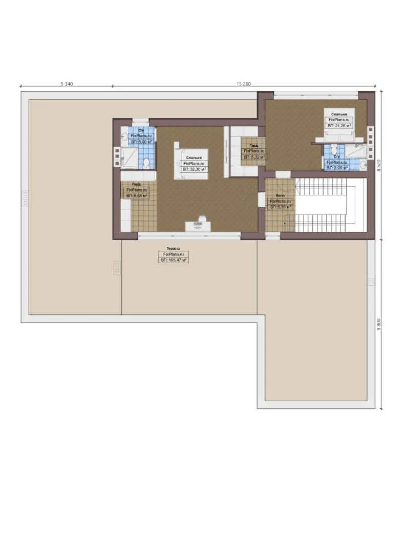 Проект двухэтажного дома 19 на 21, площадью 550 м² с террасой, балконом, баней, бассейном, спортзалом и 4 спальнями — 2-й этаж