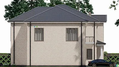 Проект двухэтажного дома 17 на 25, площадью 500 м² с террасой, балконом, гаражом на 2 машины и 4 спальнями — фасад 4