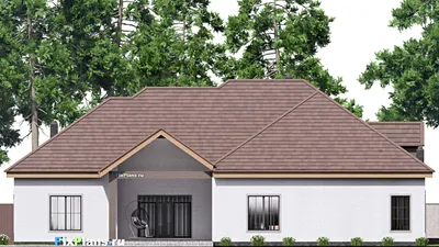 Проект одноэтажного дома 19 на 23, площадью 450 м² с террасой, гаражом на 2 машины и 4 спальнями — фасад 6