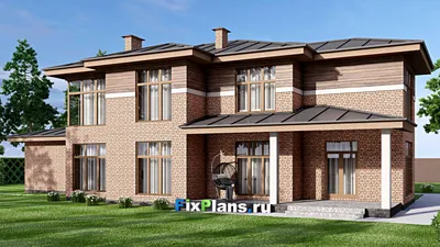 Проект двухэтажного дома 13 на 24, площадью 300 м² с террасой, гаражом на 2 машины и 3 спальнями — фасад 2