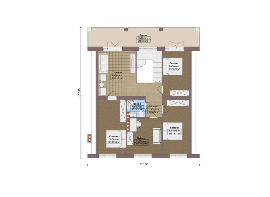 Проект дома с мансардой 12 на 17, площадью 290 м² с террасой, балконом, цокольным этажом и 6 спальнями — Мансарда