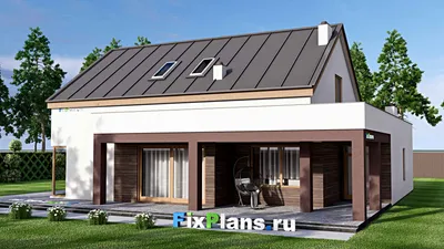 Проект дома с мансардой 18 на 18, площадью 360 м² с террасой, гаражом на 2 машины и 3 спальнями — фасад 2