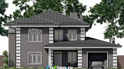 Проект двухэтажного дома 14 на 17, площадью 240 м² с террасой, гаражом на 1 машину и 4 спальнями — фасад 3
