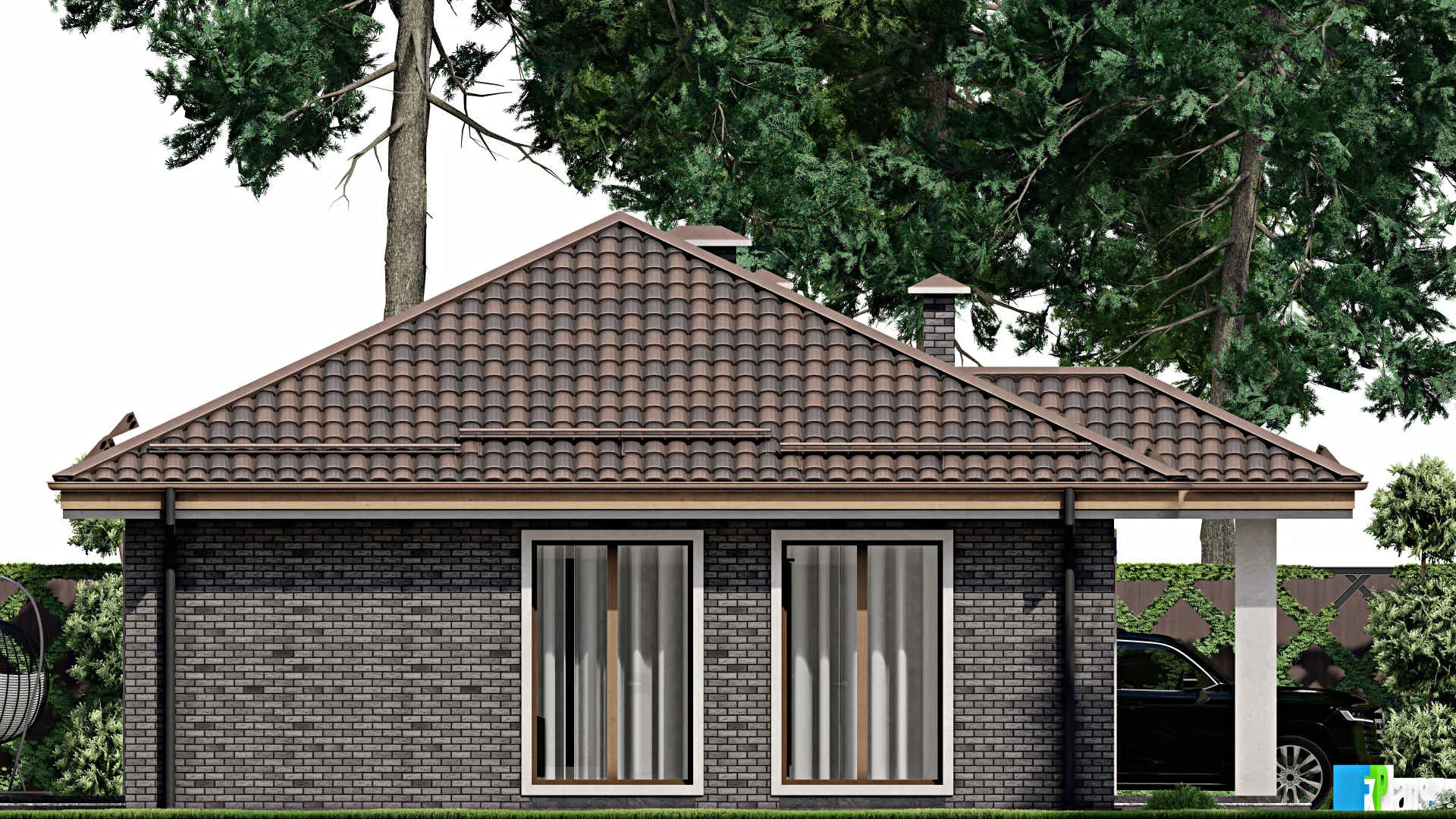 F-9890 - Проект одноэтажного дома 10 на 14, площадью 90 м² с террасой и 3 спальнями