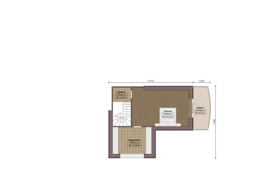 Проект дома с мансардой 15 на 17, площадью 250 м² с террасой, балконом, гаражом на 1 машину и 4 спальнями — 2-й этаж