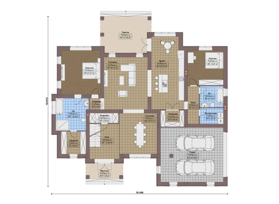 Проект дома с мансардой 19 на 20, площадью 340 м² с террасой, гаражом на 2 машины и 5 спальнями — 1-й этаж
