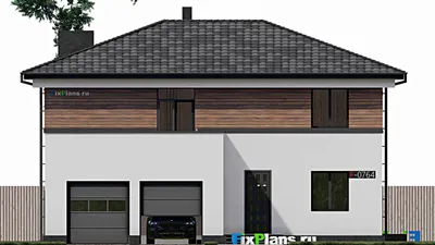 Проект двухэтажного дома 14 на 16, площадью 290 м² с террасой, балконом, гаражом на 2 машины и 2 спальнями — фасад 3