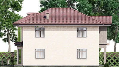Проект двухэтажного дома 14 на 18, площадью 300 м² с террасой, балконом, гаражом на 1 машину и 3 спальнями — фасад 4