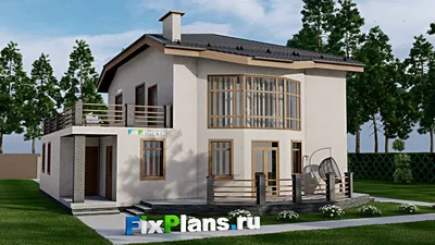 Проект двухэтажного дома 14 на 14, площадью 300 м² с террасой, балконом, гаражом на 1 машину, бассейном и 4 спальнями — фасад 2