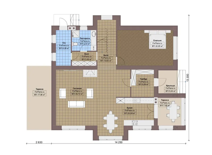 Проект двухэтажного дома 14 на 15, площадью 270 м² с террасой, балконом и 4 спальнями — 1-й этаж