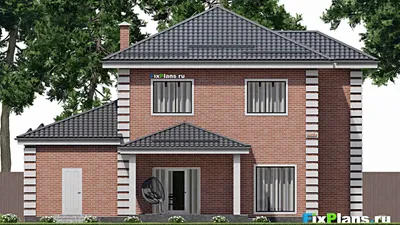 Проект двухэтажного дома 15 на 16, площадью 270 м² с террасой, балконом, гаражом на 2 машины и 4 спальнями — фасад 6