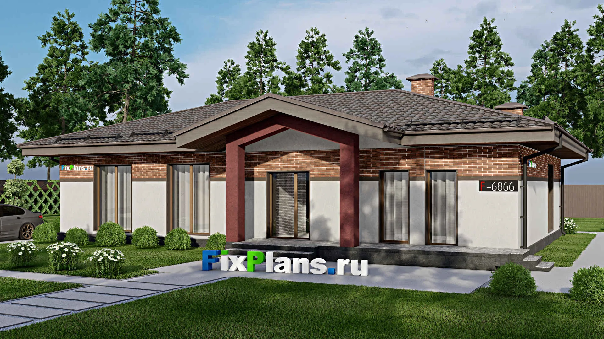 F-6866 - Проект одноэтажного дома 17 на 19, площадью 180 м² с 3 спальнями
