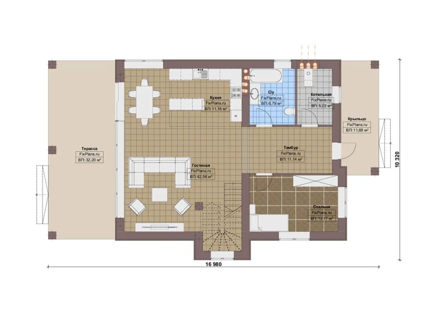 Проект двухэтажного дома 11 на 17, площадью 270 м² с террасой, балконом и 6 спальнями — 1-й этаж