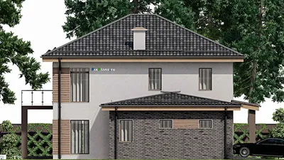 Проект двухэтажного дома 14 на 16, площадью 230 м² с террасой, балконом, гаражом на 1 машину и 5 спальнями — фасад 4