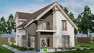 Проект дома с мансардой 11 на 20, площадью 240 м² с террасой, балконом, гаражом на 1 машину и 3 спальнями — фасад 2