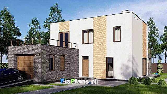 Проект двухэтажного дома 14 на 20, площадью 310 м² с террасой, балконом, гаражом на 1 машину и 2 спальнями