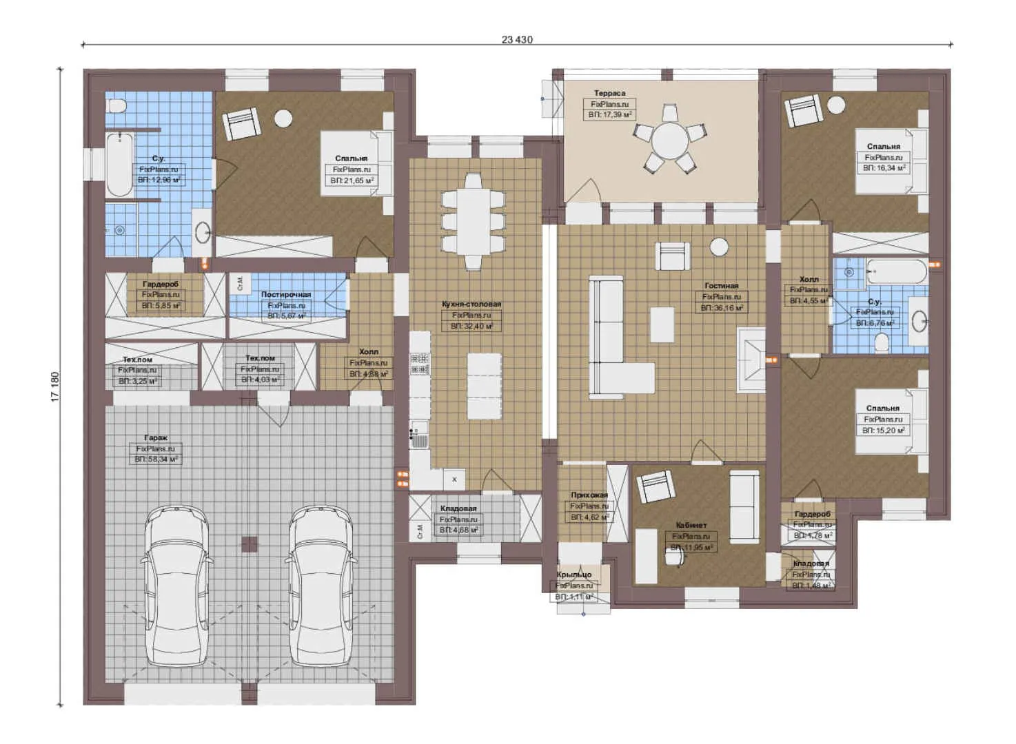 F-19880 - План одноэтажного дома 18 на 24, площадью 280 м² с террасой, гаражом на 2 машины и 3 спальнями