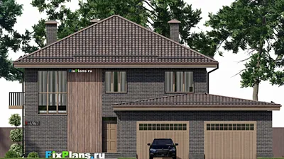 Проект двухэтажного дома 17 на 17, площадью 290 м² с террасой, балконом, гаражом на 2 машины и 7 спальнями — фасад 3