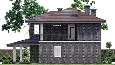 Проект двухэтажного дома 15 на 17, площадью 290 м² с террасой, балконом, баней, гаражом на 1 машину и 3 спальнями — фасад 5