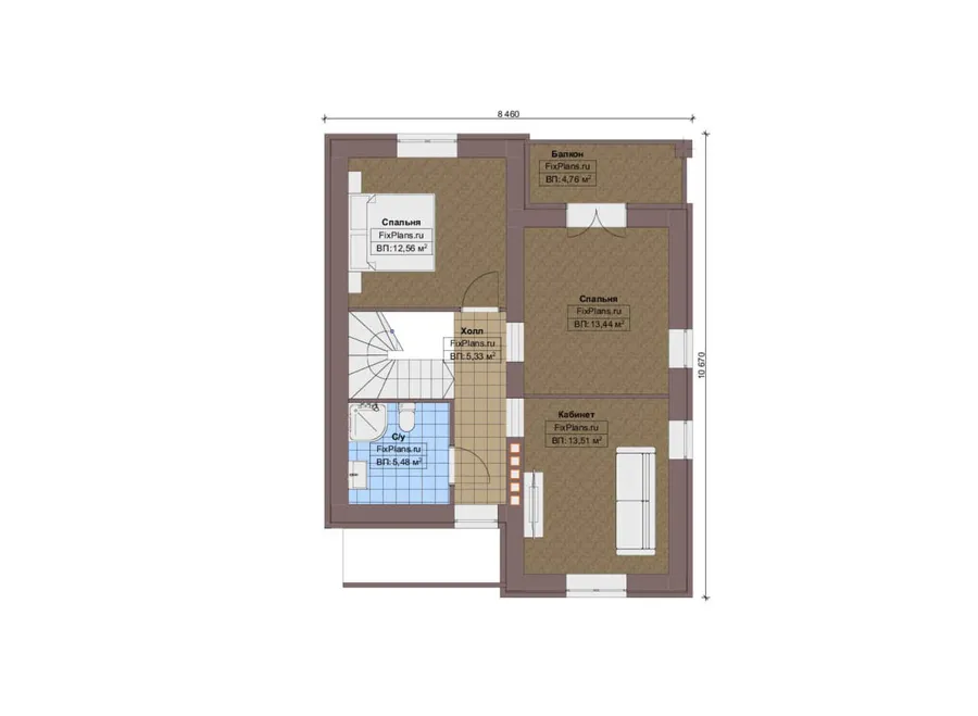 Проект дома с мансардой 11 на 12, площадью 130 м² с террасой, балконом и 3 спальнями — 2-й этаж