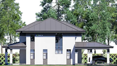 Проект двухэтажного дома 21 на 22, площадью 350 м² с террасой и 4 спальнями — фасад 4