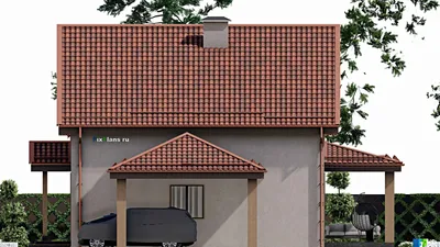 Проект дома с мансардой 11 на 11, площадью 250 м² с террасой, навесом для машины и 5 спальнями — фасад 5