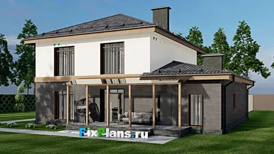 Проект двухэтажного дома 13 на 15, площадью 270 м² с террасой, балконом, гаражом на 2 машины и 5 спальнями — фасад 2