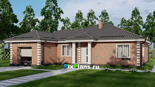 Проект одноэтажного дома 16 на 17, площадью 300 м² с террасой, цокольным этажом, гаражом на 2 машины и 3 спальнями
