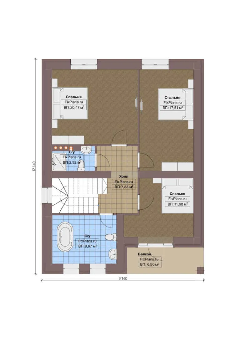 Проект двухэтажного дома 10 на 15, площадью 180 м² с террасой, балконом и 3 спальнями — 2-й этаж