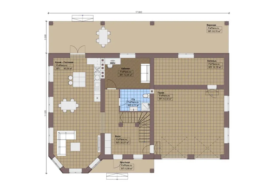 Проект двухэтажного дома 12 на 17, площадью 280 м² с террасой, гаражом на 2 машины и 3 спальнями — 1-й этаж