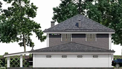 Проект двухэтажного дома 18 на 19, площадью 320 м² с террасой, гаражом на 2 машины и 3 спальнями — фасад 4