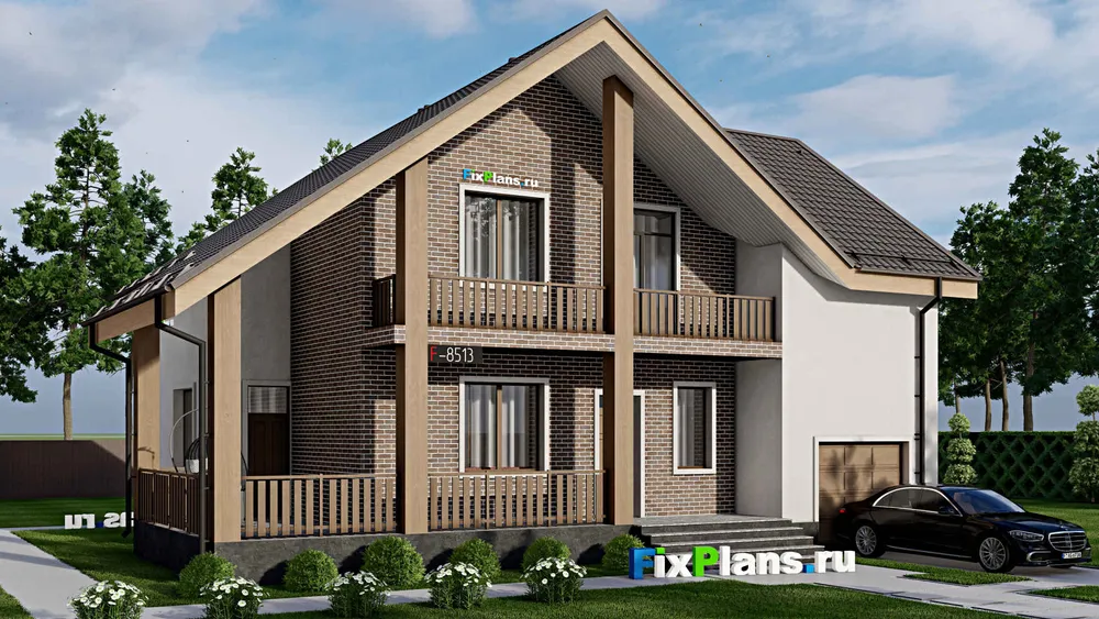 Проект дома с мансардой 13 на 16, площадью 250 м² с террасой, балконом, гаражом на 1 машину и 6 спальнями — фасад 1