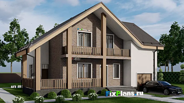Проект дома с мансардой 13 на 16, площадью 250 м² с террасой, балконом, гаражом на 1 машину и 6 спальнями